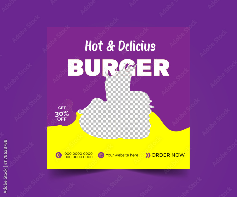 Obraz premium Hot and delicious burger social media poster