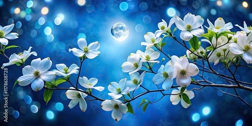 Stunning nighttime dogwood photography; dark blooms illuminated.