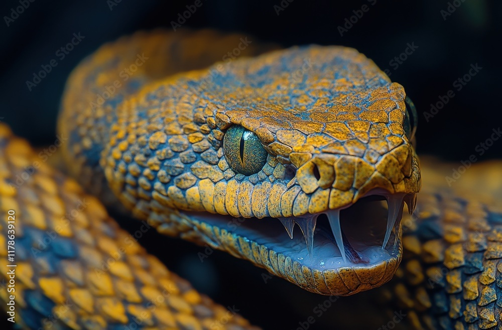 Obraz premium Close-Up of a Vibrantly Colored Yellow and Black Snake with Sharp Fangs and Textured Scales, Captured in Stunning Detail Against a Dark Background