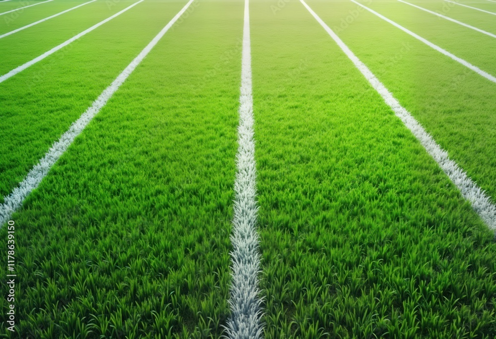 Obraz premium Empty green grass soccer field with white marking lines. Sport background. Detailed view of vibrant green turf. Ideal for sports design. Great for digital wallpaper. Empty field ready for action. No