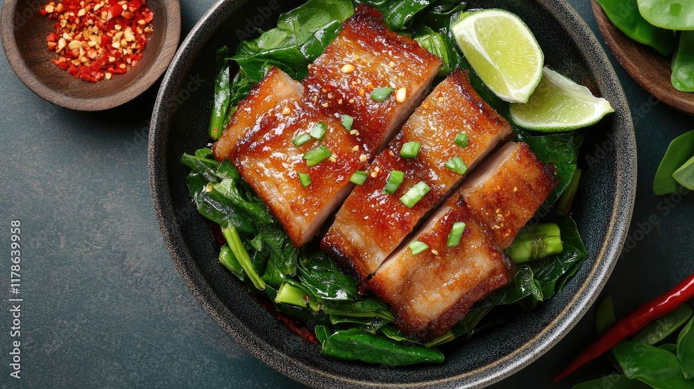 A top-down view of a traditional Thai dish showcasing crispy pork belly on a bed of steamed greens, garnished with chili and lime, against a simple background. A top-down view of a traditional Thai dish showcasing crispy pork belly on a bed of steamed greens, garnished with chili and lime, against a simple background.