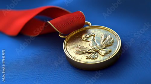 finance, 3D render of a gold medal with a red ribbon on a blue background, in a 2/4 perspective. photo