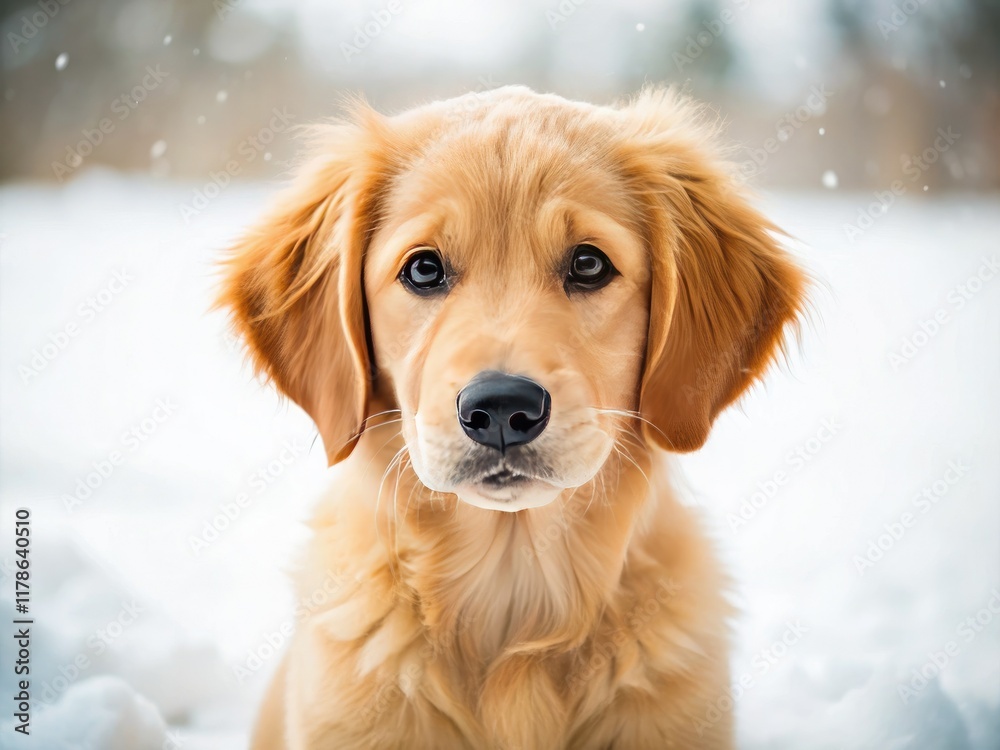 Tiny golden retriever, snowy landscape backdrop, tilt-shift effect, adorable.