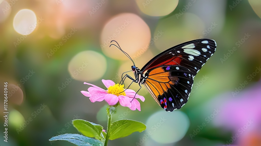 Fototapeta premium Colorful butterfly on pink flower in garden with bokeh background.