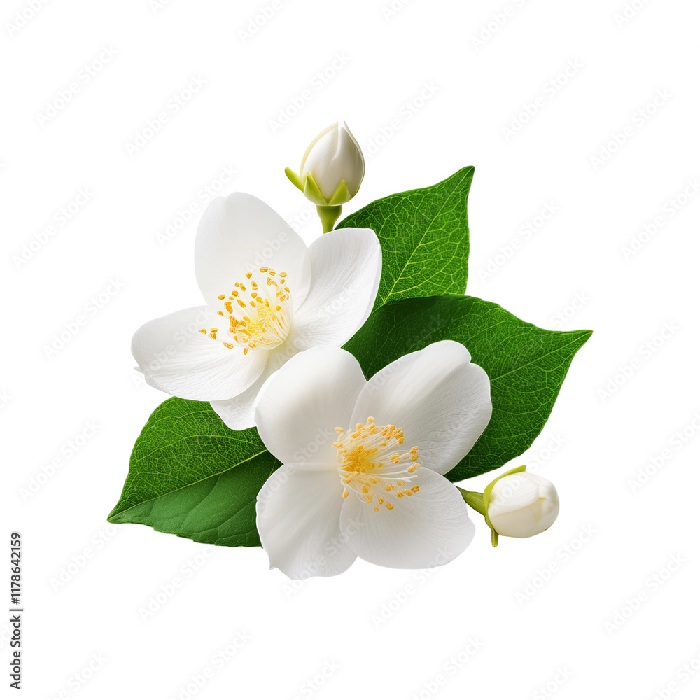 Obraz premium White jasmine flower with green leaf on transparent background