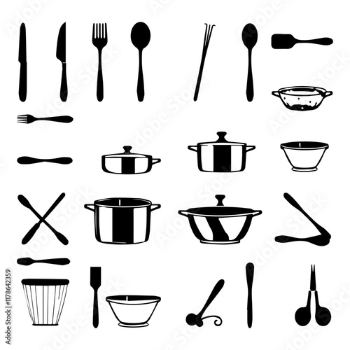 A grid of black and white icons of various kitchen utensils arranged in a 4x5 layout. Logo, kitchen tools for culinary use. Minimalistic style, vector