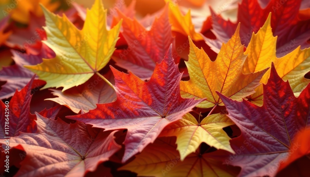 Obraz premium Pile of vibrant autumn leaves, close-up detail , fall leaves, nature backdrop, orange