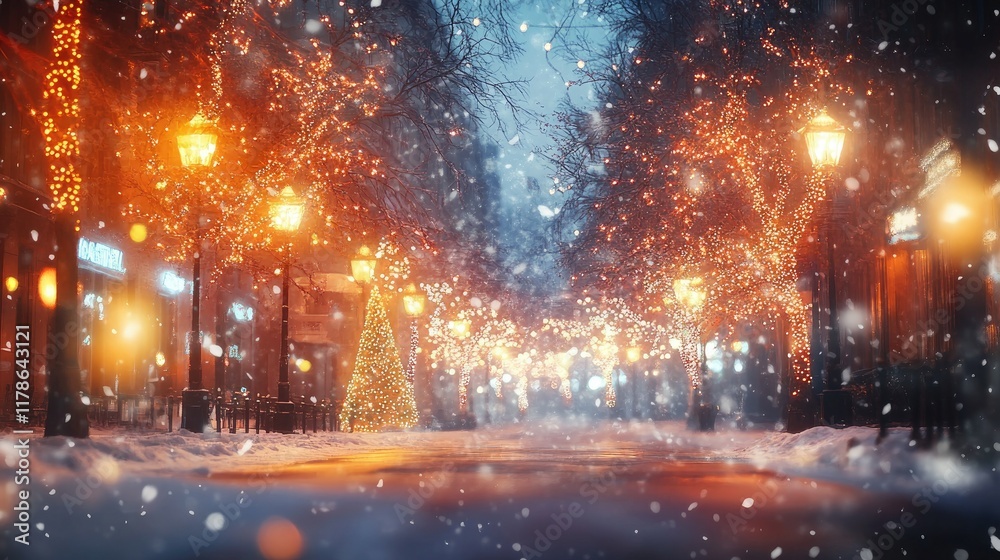 Fototapeta premium Christmas Eve in a snowy city street, with bright trees casting a warm glow and blurred holiday lights creating a dreamy, abstract winter background
