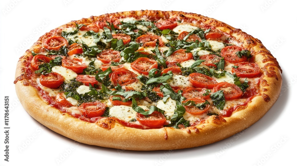 A vibrant display of a classic Margherita pizza, topped with fresh basil, mozzarella, and ripe tomatoes, set against a clean white background to highlight its colors and textures. A vibrant display of a classic Margherita pizza, topped with fresh basil, mozzarella, and ripe tomatoes, set against a clean white background to highlight its colors and textures.