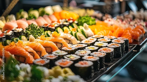 Delicious variety of sushi, including salmon, tuna, and vegetable rolls, displayed on a platter.