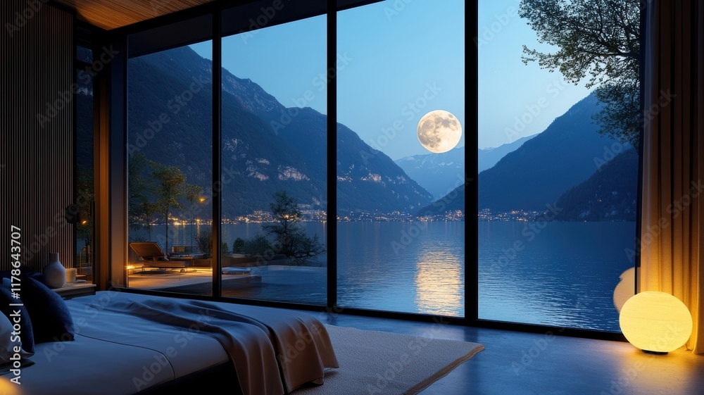Fototapeta premium Serene bedroom with stunning lake view, inviting tranquility and relaxation in a peaceful retreat.