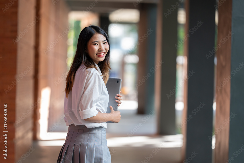 Smiling young asian female student walking through a university corridor, holding a tablet computer during a break between classes, enjoying a cheerful moment on campus Smiling young asian female student walking through a university corridor, holding a tablet computer during a break between classes, enjoying a cheerful moment on campus