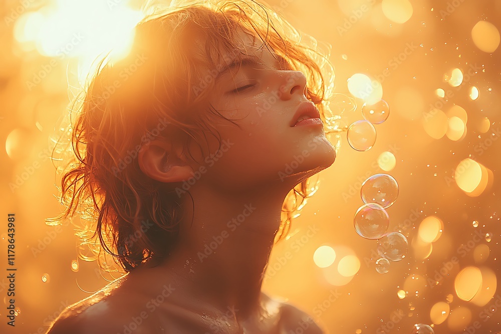 Young Boy Blowing Bubbles In Golden Sunlight