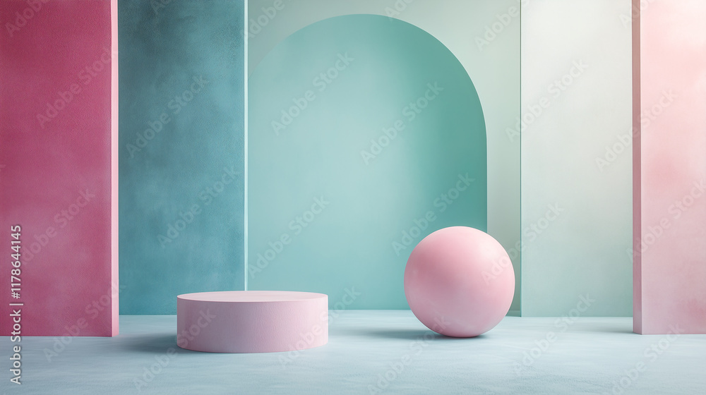 Fototapeta premium Abstract background geometric shapes and lines in pastel pink, light blue and green colours