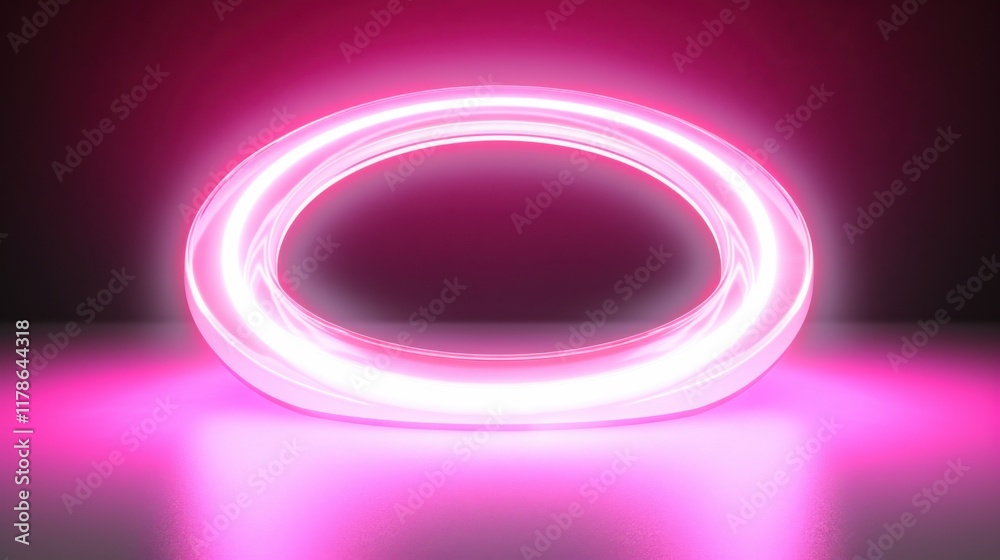 A glowing pink neon circle floating above a white backdrop, emitting a futuristic light. A glowing pink neon circle floating above a white backdrop, emitting a futuristic light.