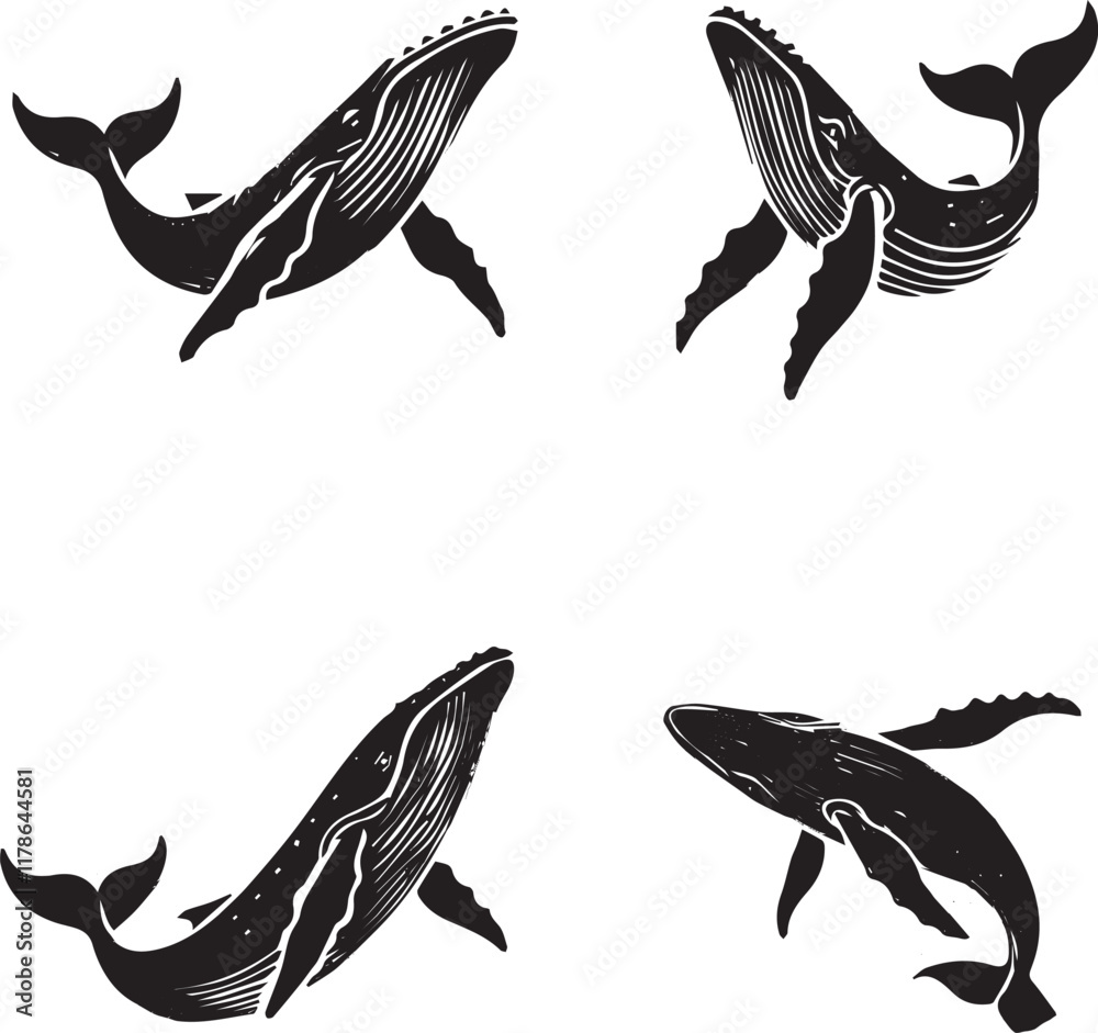 Obraz premium Majestic Vector Silhouettes of a Jumping Whale on a Crisp White Background