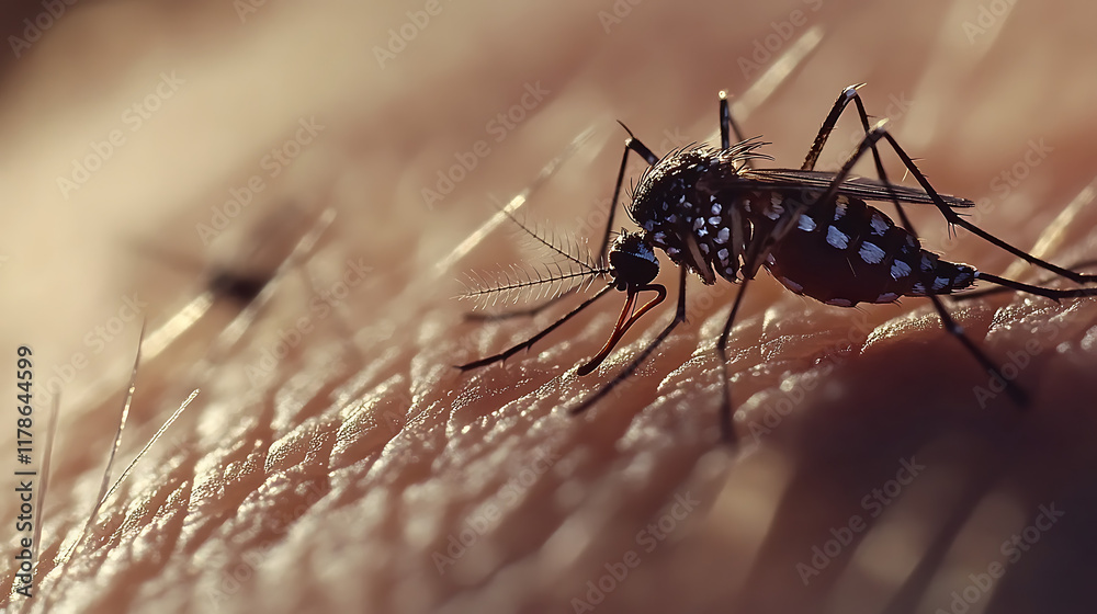 Close-up of a mosquito sucking blood from human skin. Close-up of a mosquito sucking blood from human skin.