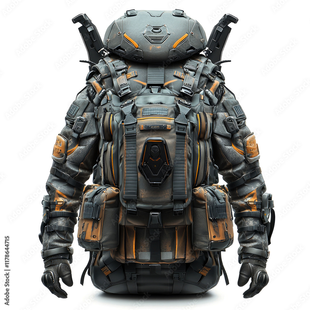 Futuristic Exoskeleton: Cyberpunk Combat Gear. Sci-Fi Digital Art, 3D Render of Advanced Military Armor and Backpack for Tactical Adventures Futuristic Exoskeleton: Cyberpunk Combat Gear. Sci-Fi Digital Art, 3D Render of Advanced Military Armor and Backpack for Tactical Adventures