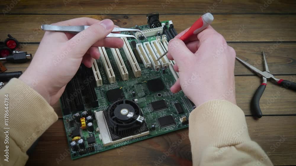 Repair the motherboard in the workshop. Hands of the master, close-up with tools repair electronics, due to breakdowns in the process of use. Close-up. Slow motion.