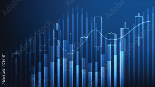 business and finance concept. bar graph and candlestick chart with lines on blue background