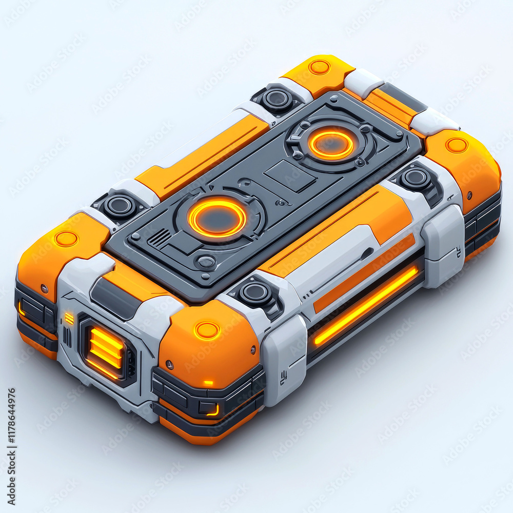 Naklejka premium Futuristic Orange and White Tech Device: A 3D Rendered Sci-Fi Gadget with Sleek Design and Glowing Interface