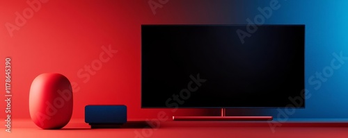 Smart hub on entertainment console, paired with a TV and soundbar, vibrant lighting, conveying a connected, modern, and immersive media experience