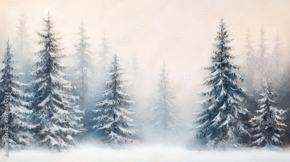 beautiful, Oil painting of a winter pine forest, with a white background and a foggy atmosphere, in a minimalist style with blurred edges. The painting is very high resolution and highly realistic. beautiful, Oil painting of a winter pine forest, with a white background and a foggy atmosphere, in a minimalist style with blurred edges. The painting is very high resolution and highly realistic.