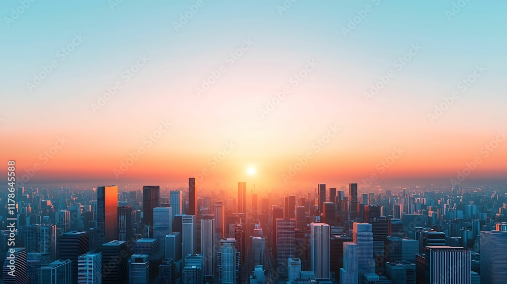 Fototapeta premium A breathtaking city skyline at sunrise, with vibrant colors illuminating the buildings and creating a serene atmosphere.