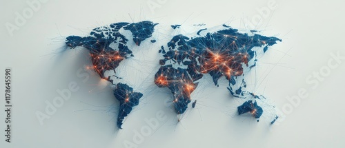 Global Network Connections on Stylized World Map with Technology Elements