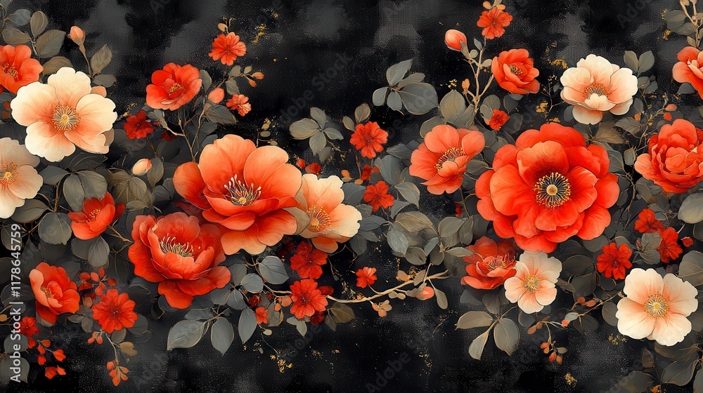 Lush red and cream roses with dark leaves on a black background. Lush red and cream roses with dark leaves on a black background.