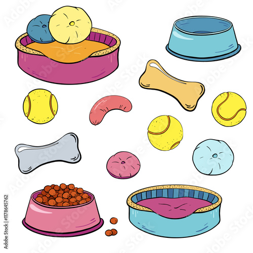 A delightful collection of colorful dog food bowls and toys designed for pets enjoyment.Vector illustration. Pet shop