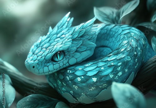 Exotic turquoise snake resting gracefully on a lush green branch amidst vibrant foliage in a serene, mystical forest setting, showcasing intricate scale details and sharp eyes.