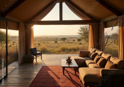 Relaxing inside a spacious lodge with stunning views of the savanna at sunset