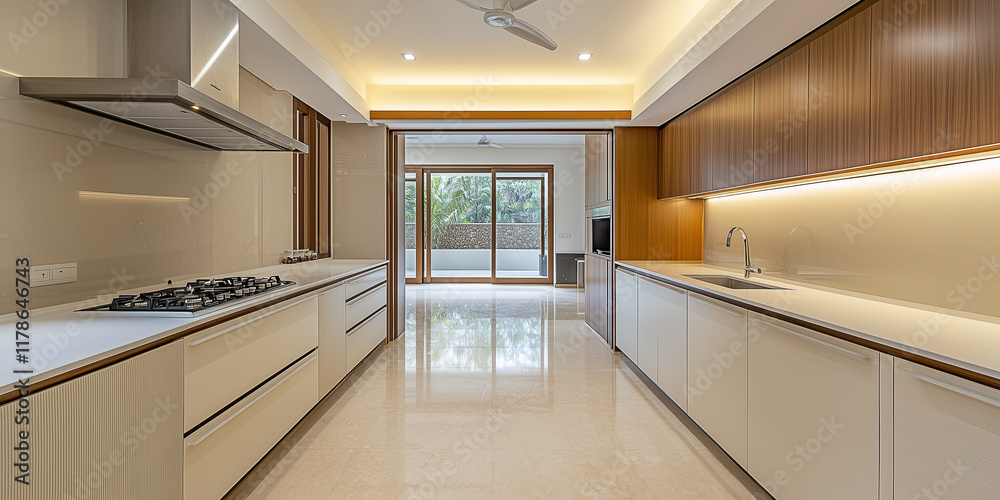 Luxuriöse Küche, weiße Eiche, weiße und graue Farben, mattes und erdiges Gefühl, minimalistisches indisches Design Luxuriöse Küche, weiße Eiche, weiße und graue Farben, mattes und erdiges Gefühl, minimalistisches indisches Design