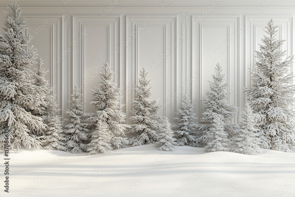 Fototapeta premium Winter Wonderland: Snow-Covered Christmas Trees Against a Classic White Paneled Wall