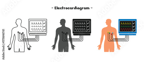 electrocardiogram set design, medical diagnostic equipment, available outline, solid and colored, editable vector eps 10.
