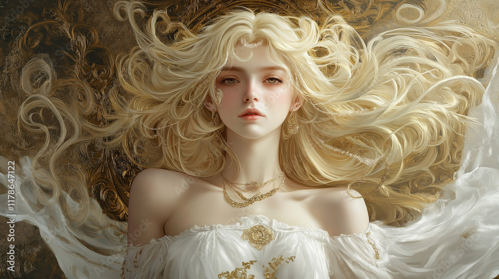 Fototapeta premium A blonde woman with long curly hair, wearing an elegant white dress and gold jewelry.