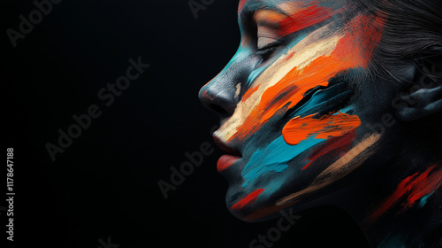 Black background, head portrait of an androgynous man with white paint brush strokes on his face, artistic, beautiful paint brush strokes on the skin