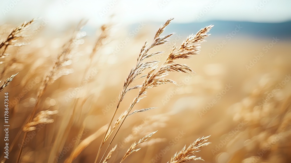 Fototapeta premium Golden wheat field bathed in sunlight, shallow depth of field.