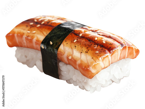 Delicious Teriyaki Glazed Salmon Nigiri Sushi with Nori Wrap and Rice