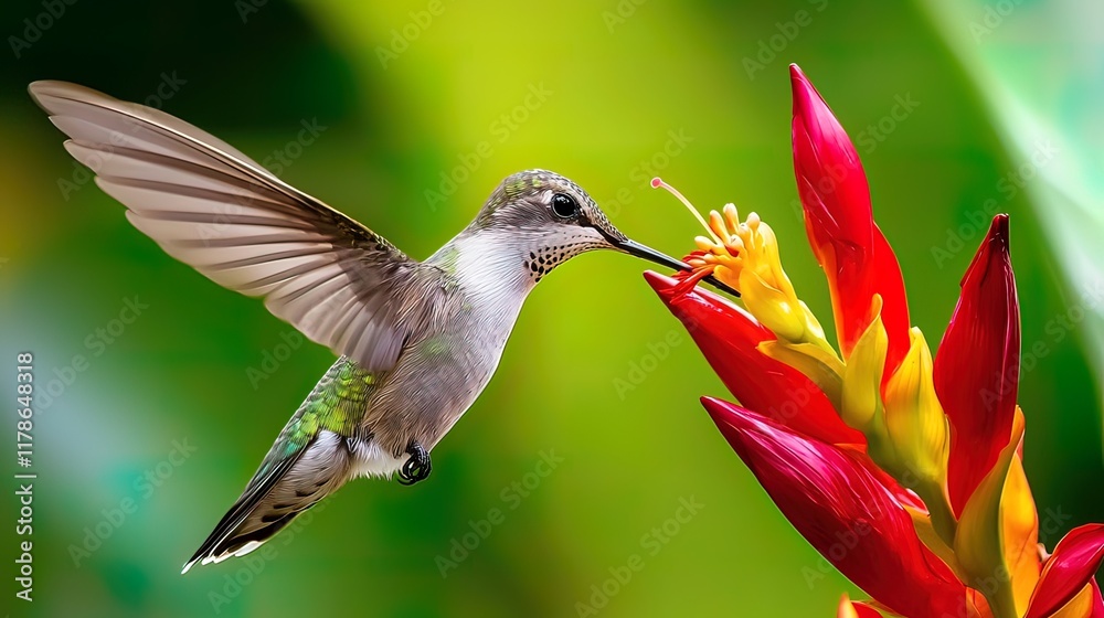 Fototapeta premium Hummingbird in flight, feeding from a vibrant red flower with yellow center.