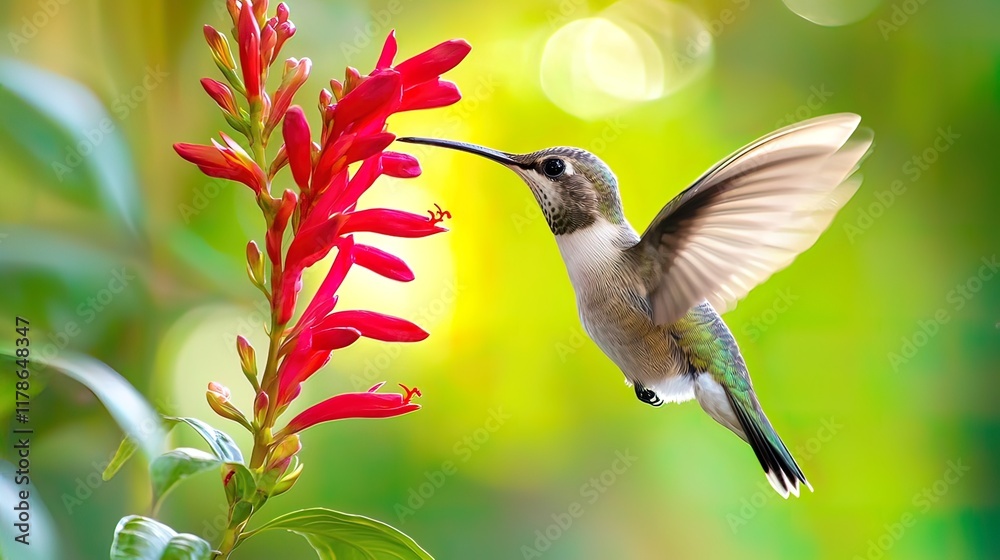 Fototapeta premium Hummingbird in flight, feeding from vibrant red flower.
