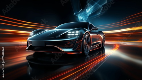 A sleek and modern sports car speeding through a neon-lit environment, showcasing dynamic motion and advanced technology