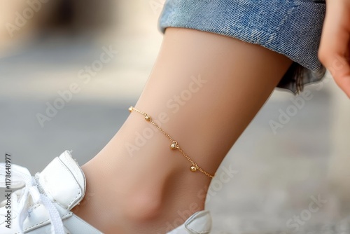 A close-up of a stylish ankle bracelet on a woman's ankle, paired with trendy white sneakers and jeans, showcasing modern fashion. photo