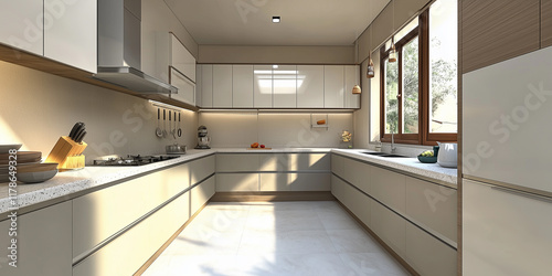 Wallpaper Mural Luxuriöse Küche, weiße Eiche, weiße und graue Farben, mattes und erdiges Gefühl, minimalistisches indisches Design Torontodigital.ca