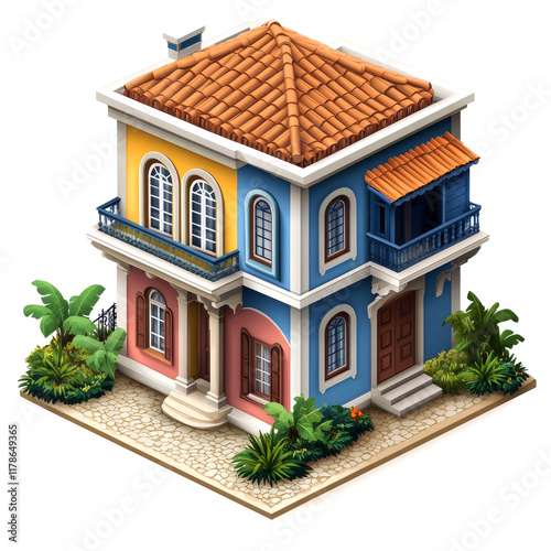 Mediterranean Dream House: Colorful Villa with Balcony and Lush Tropical Landscaping photo