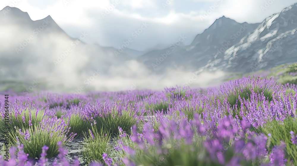 Fototapeta premium Misty mountain landscape with purple wildflowers in foreground.