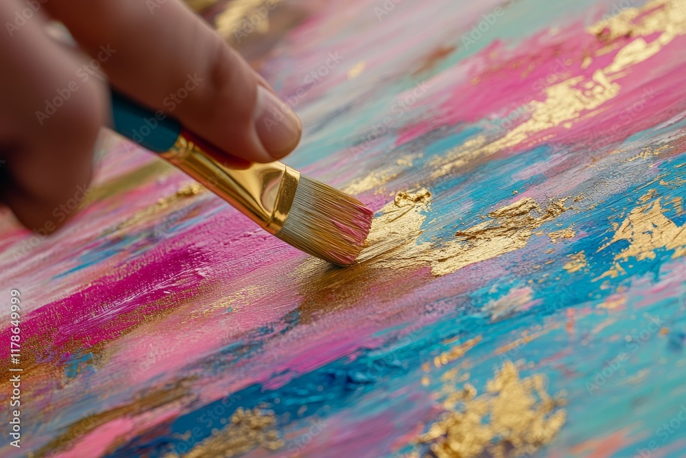 Close-Up of Artist's Hand Painting Vibrant Abstract Artwork Close-Up of Artist's Hand Painting Vibrant Abstract Artwork
