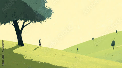 beautiful, Spring, a green grassland with a tree on the left side of the composition and a shadow in front of it. A man is walking under a tall tree on the right side of the composition.
