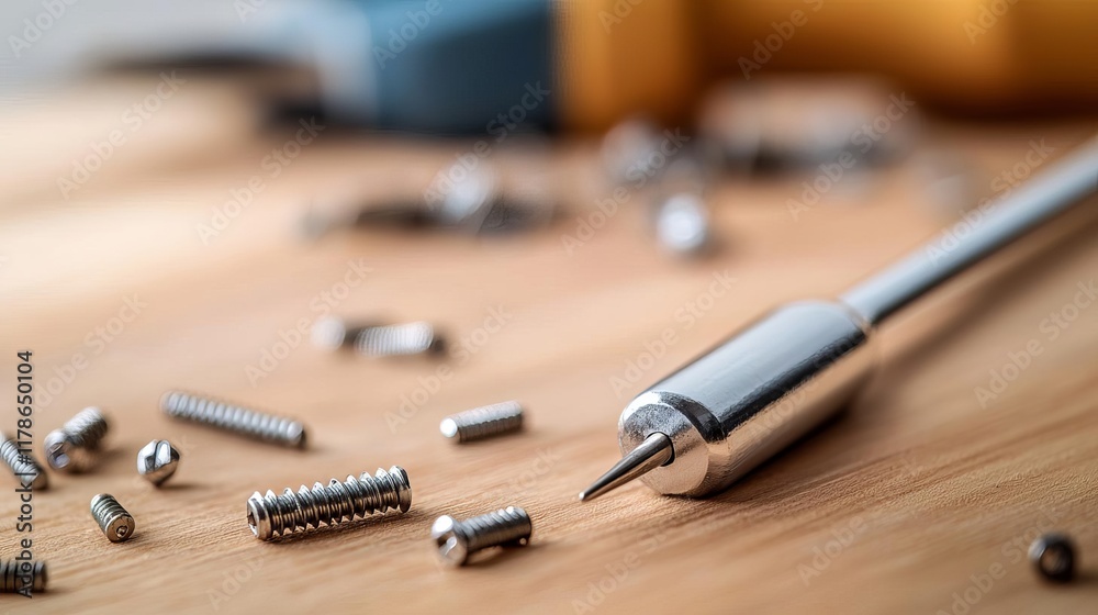 Naklejka premium Close-up of a clean, shiny screwdriver resting on a wooden workbench with scattered screws, natural light highlighting metal textures